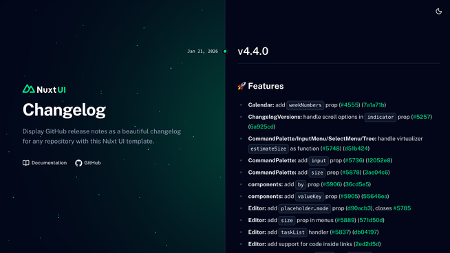 Template Changelog screenshot